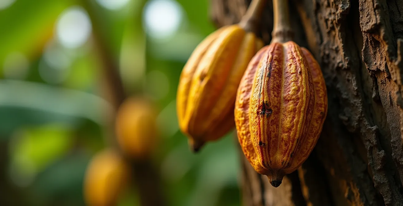 Cocoa trees with ripe pods alongside banana plants and shade trees