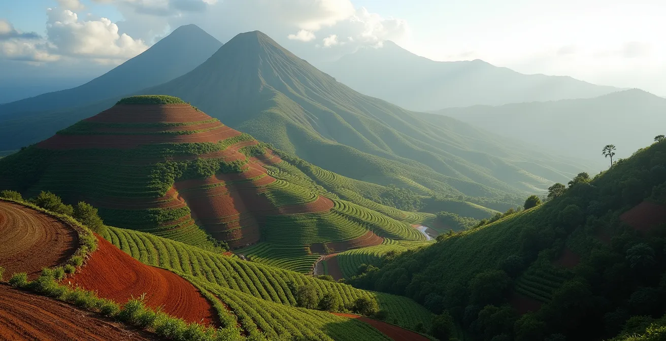 Aerial view of Andean cocoa plantations on volcanic slopes with distinct soil zones