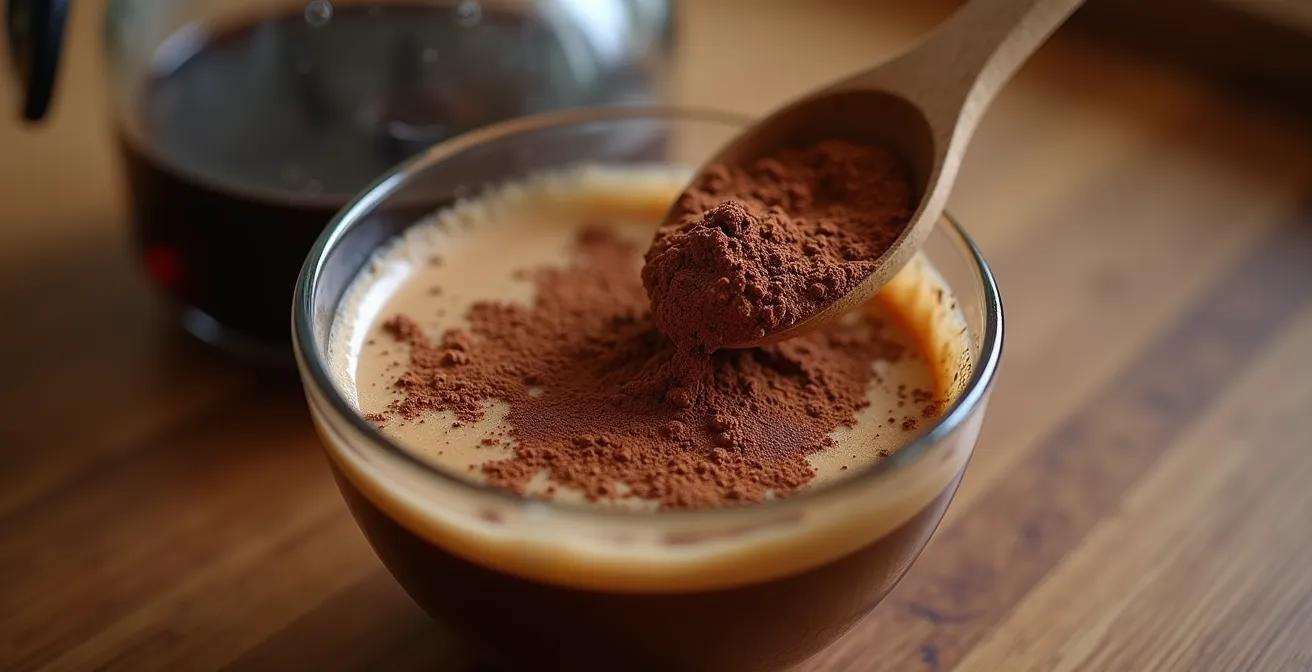 Macro shot of cocoa powder being bloomed in hot liquid showing the transformation and release of oils
