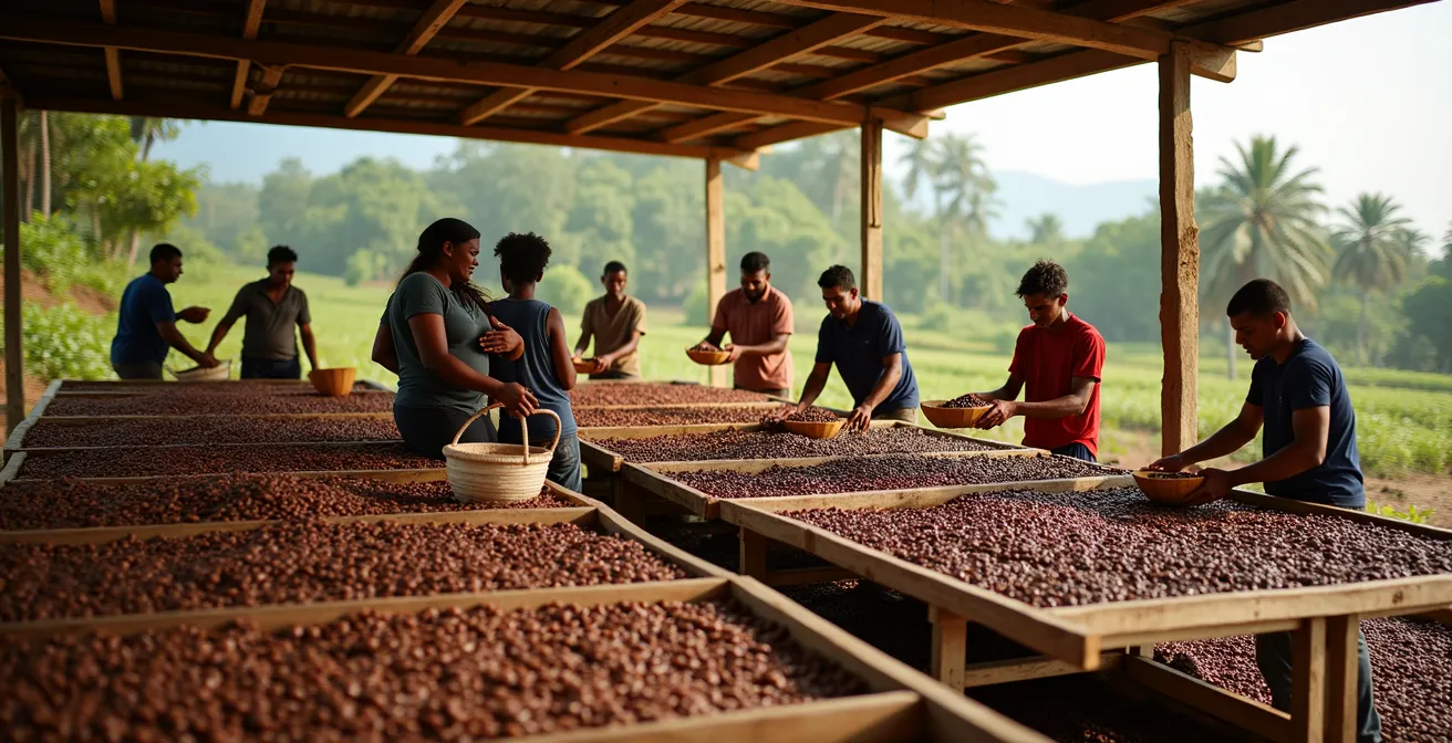 Wide shot of farmers working together at a cooperative drying facility with cacao beans spread on raised beds