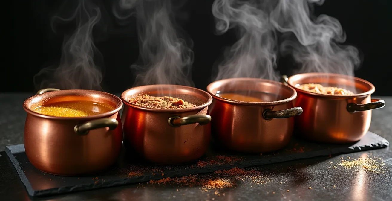 Different stages of caramel from light amber to dark showing color progression in four copper pots.