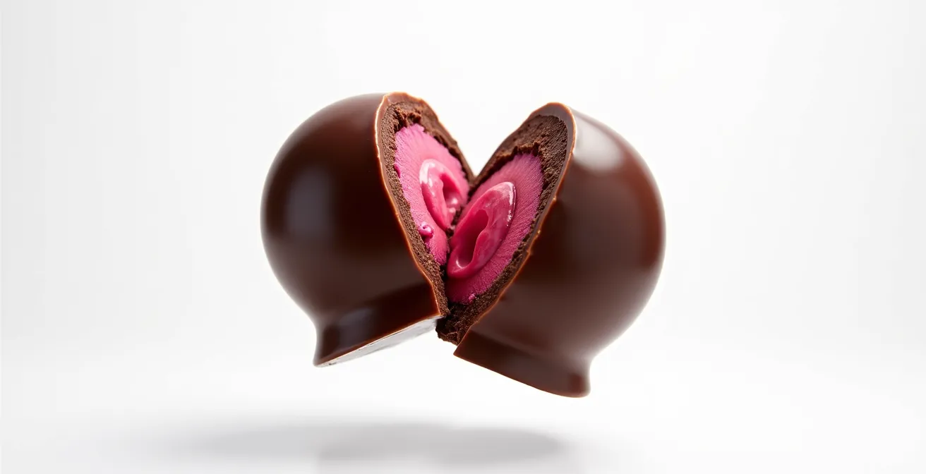 Cross-section view of properly sealed chocolate bonbon with liquid center