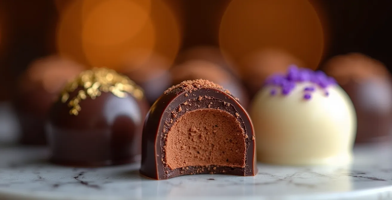 Close-up of artisanal chocolate bonbons arranged on elegant serving platters