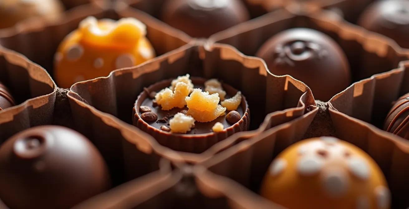 Extreme close-up of chocolate box dividers creating separate flavor zones
