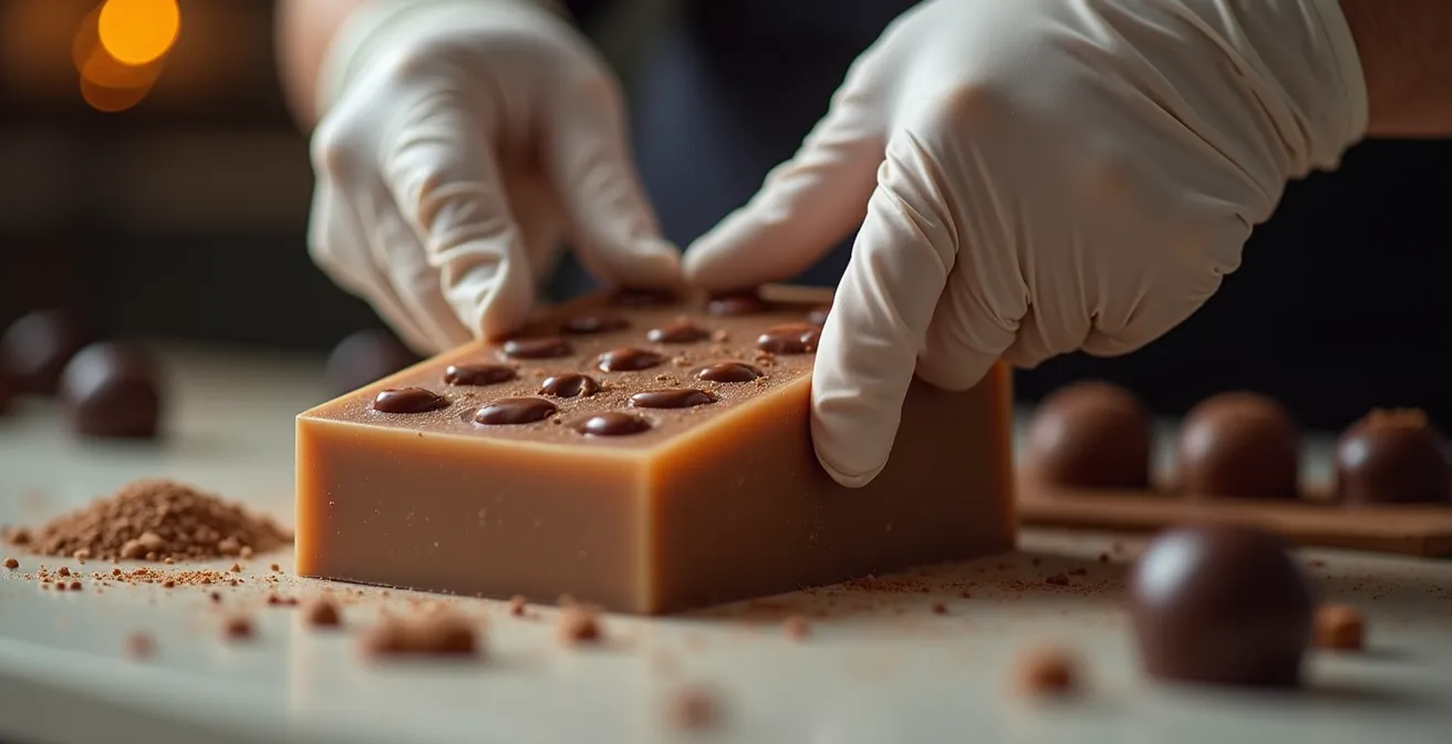 Close-up of chocolate mold showing crystallization shrinkage patterns