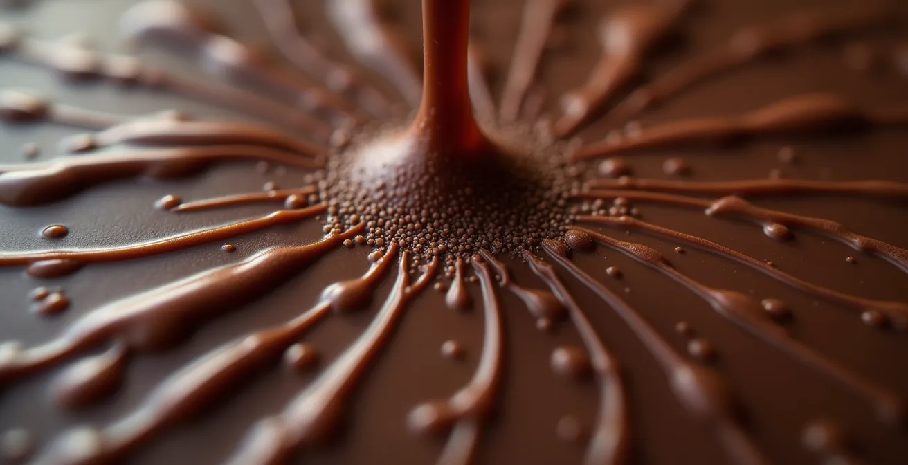 Extreme close-up of chocolate surface showing crystallization stages over time