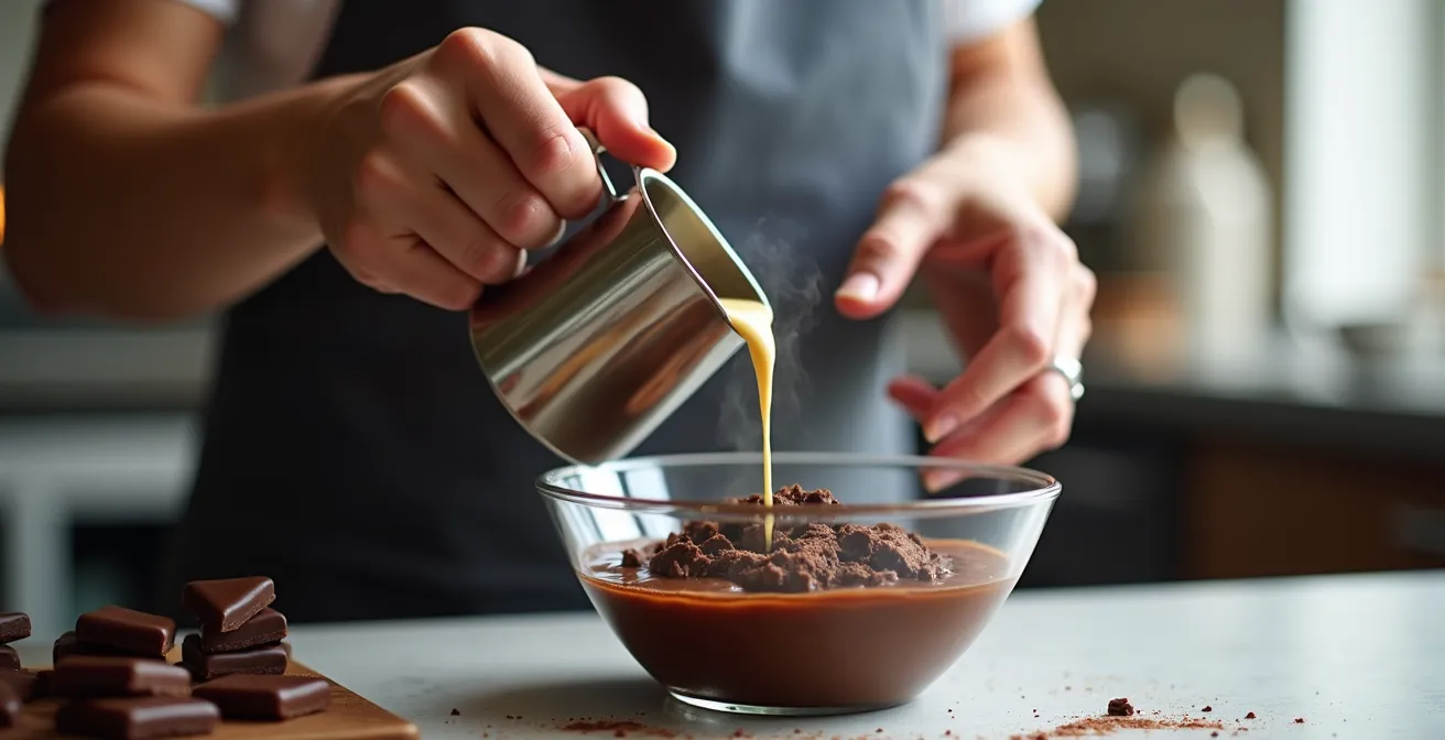 Melted chocolate being gently combined with warm cream showing perfect emulsion