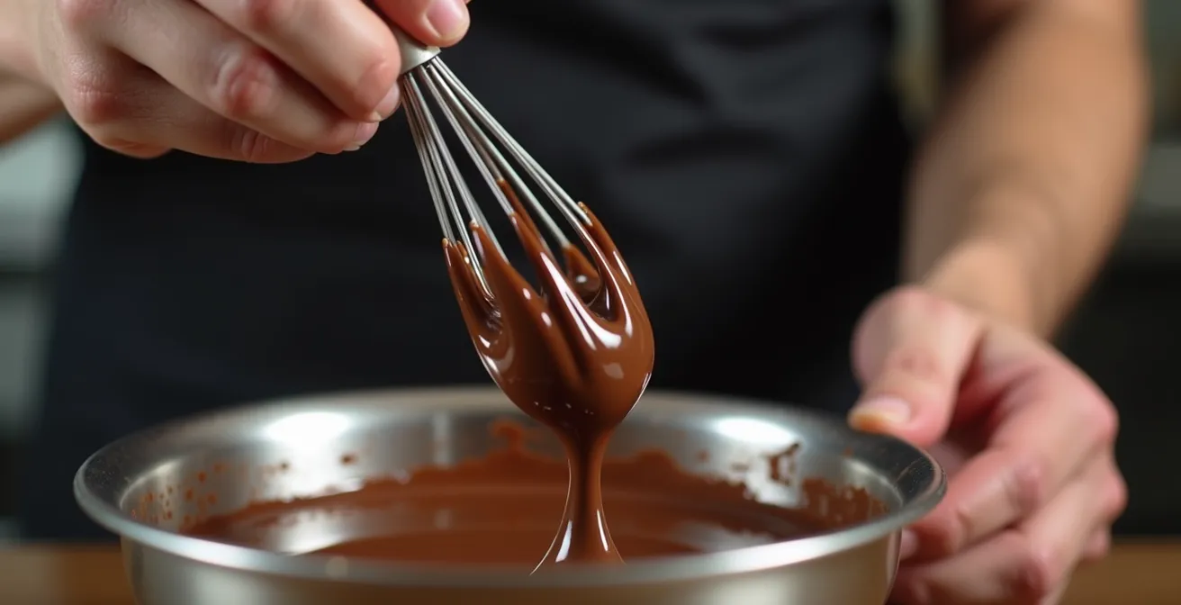 Artistic representation of chocolate emulsion structure showing fat droplets suspended in liquid