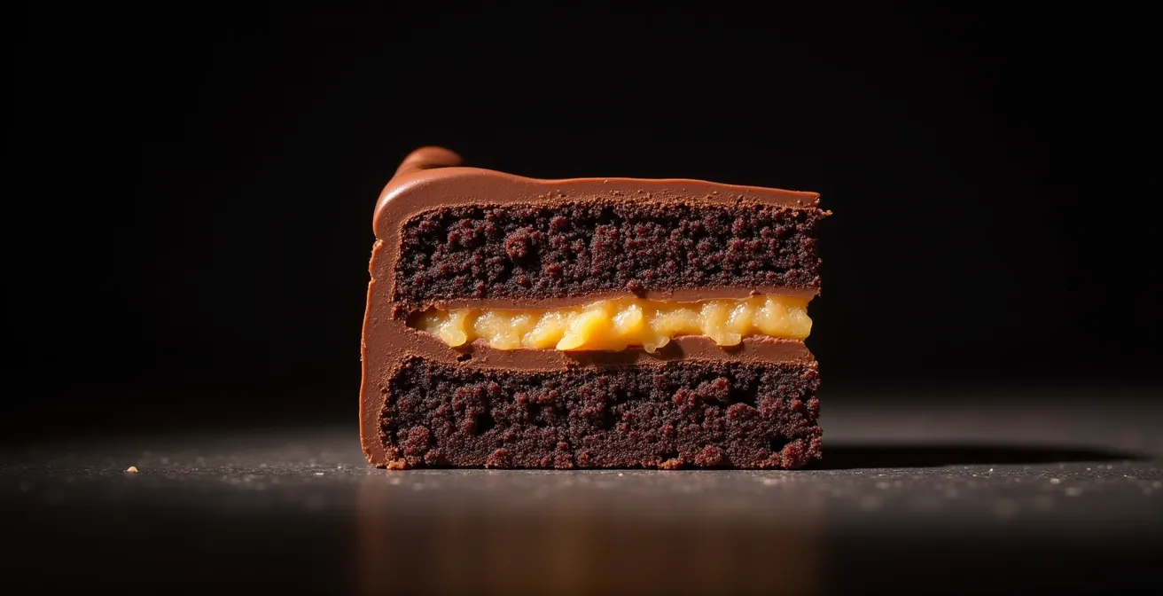 Cross-section view of cake layer showing protective cocoa butter barrier encapsulating crunchy praline layer