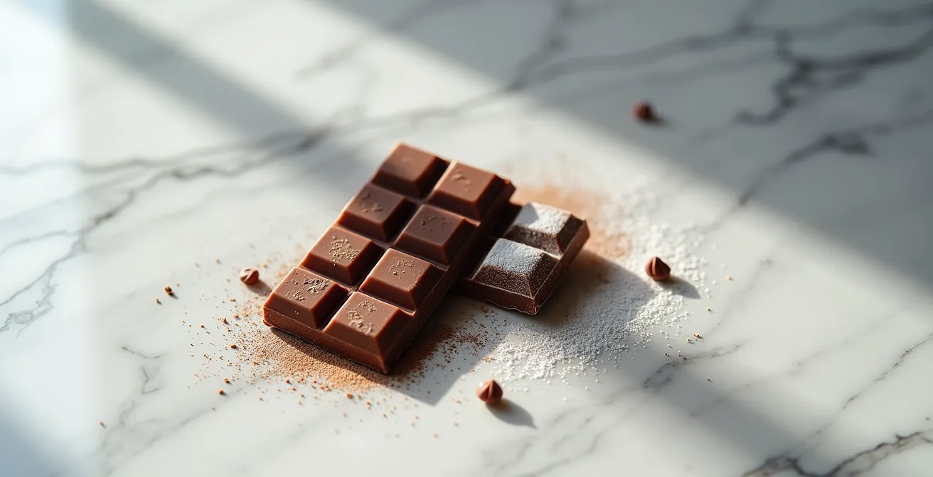 Macro photograph showing fat bloom formation on chocolate surface with visible crystal migration