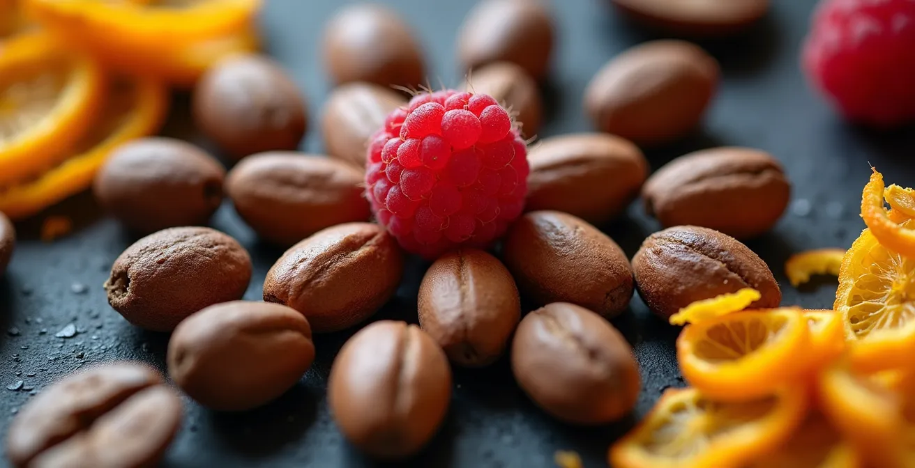 Close-up macro shot of cocoa beans, toasted hazelnuts, and citrus zest arranged around a central point creating a natural flavor wheel