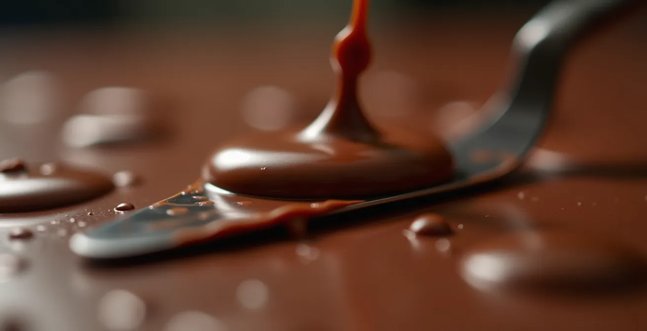Extreme close-up of a chocolate streak pattern on a knife blade showing crystallization quality