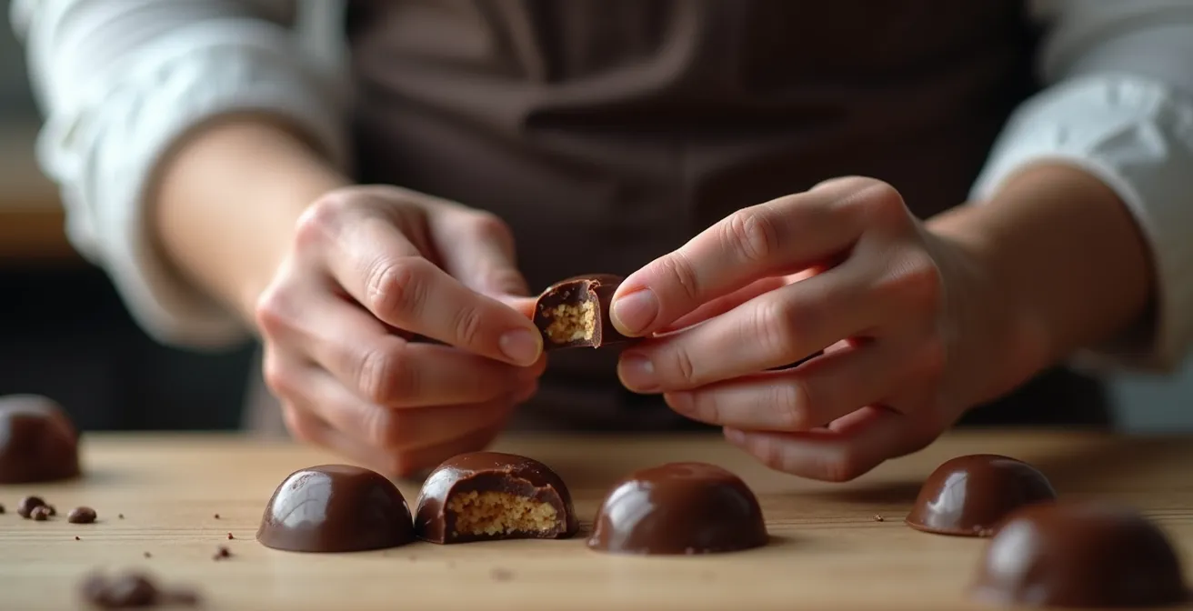 A chocolatier's hands delicately snapping a piece of perfectly tempered dark chocolate, revealing a clean break and a glossy surface.