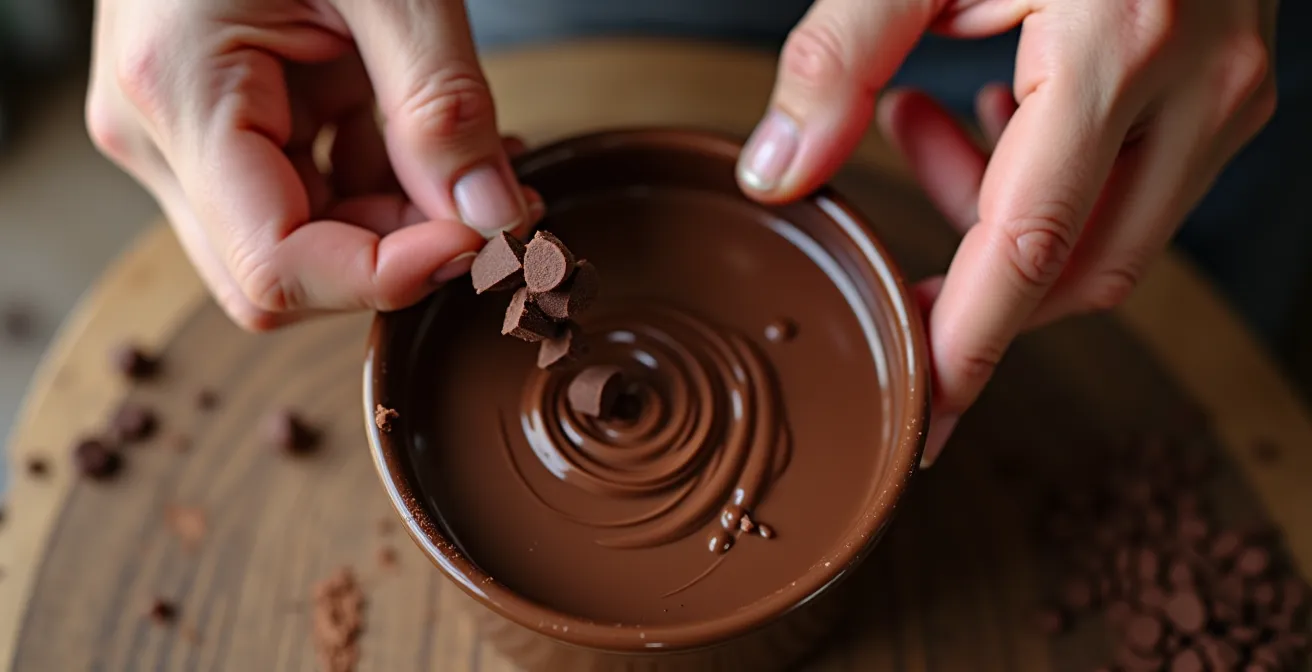 Hands adding chopped chocolate pieces to melted chocolate in glass bowl