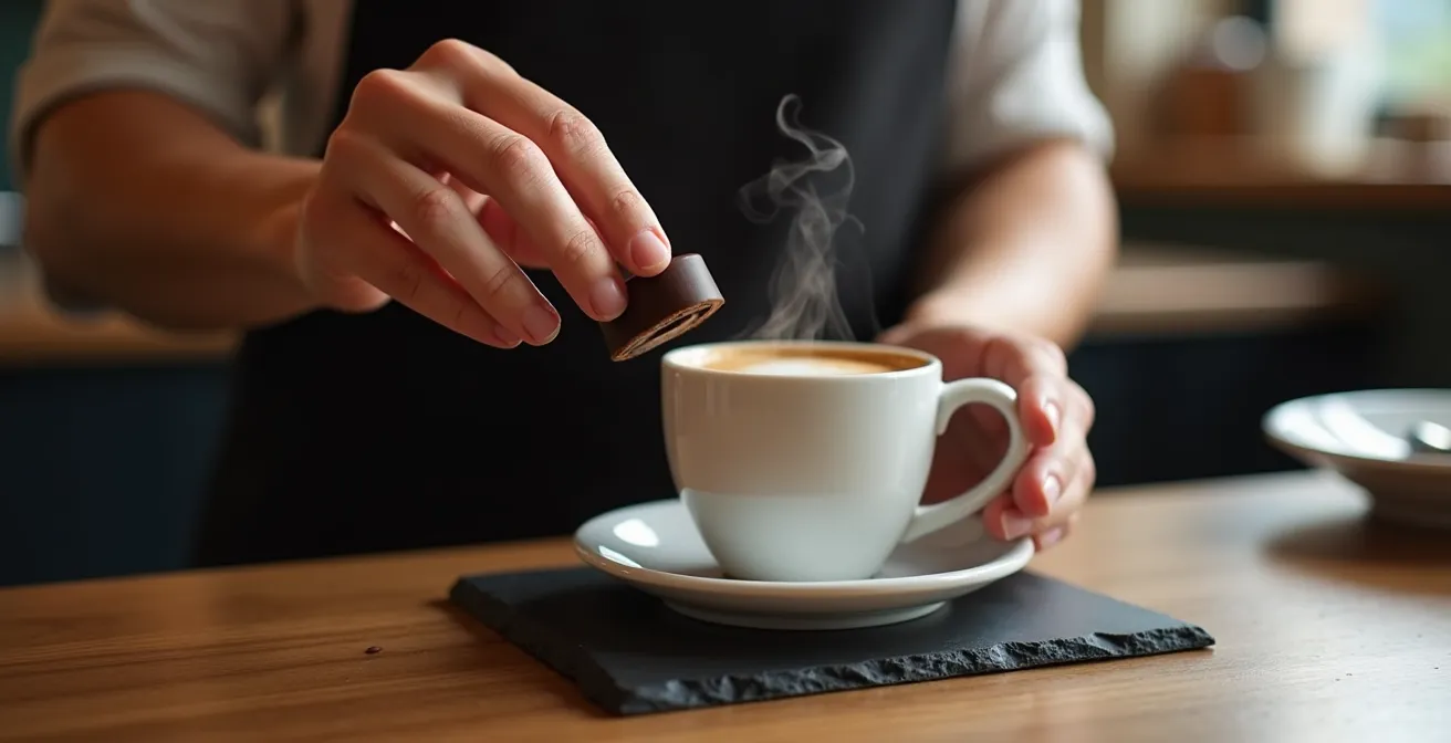 Proper serving technique showing hands placing a square of chocolate on a cool slate dish, separate from a steaming cup of coffee.