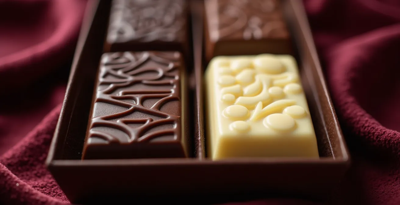 Open heart-shaped chocolate box revealing an assortment of artisanal chocolates arranged in two mirrored halves