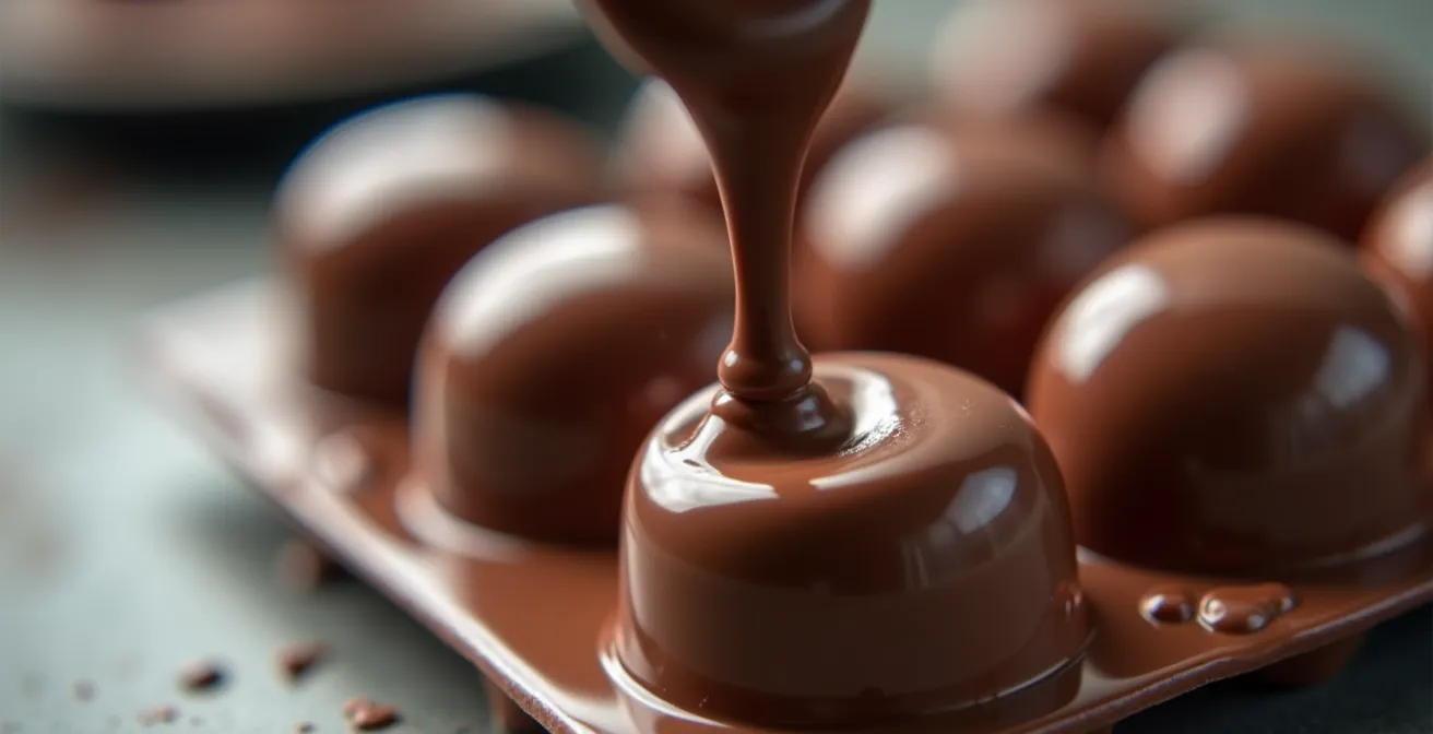 Macro view of chocolate shell coating technique in polycarbonate mold