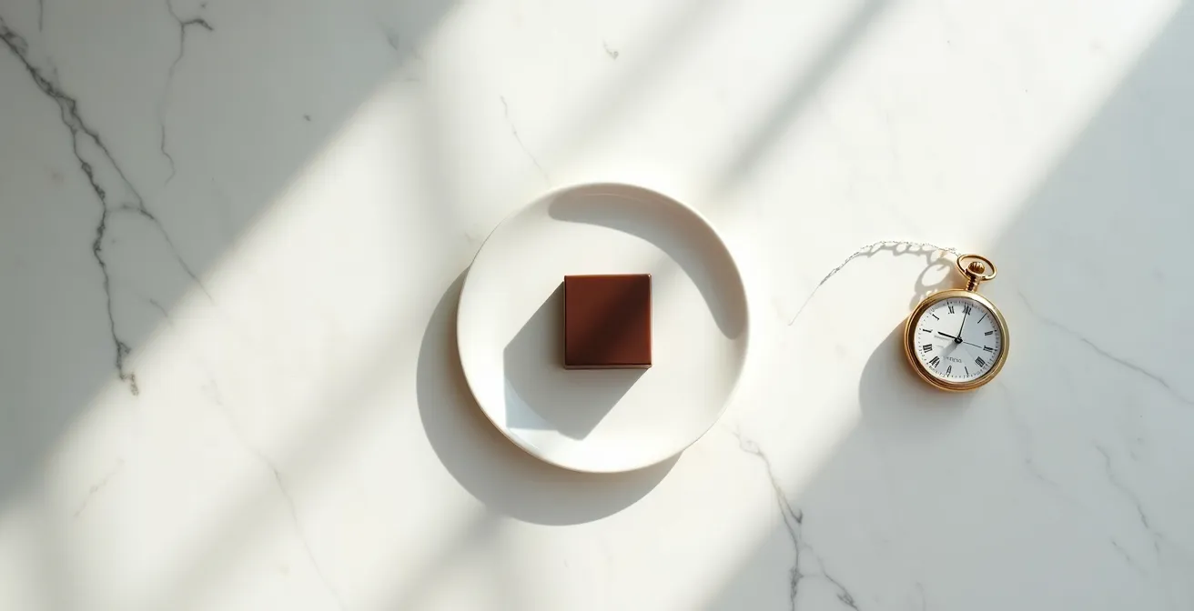 Wide angle view of chocolate tasting setup with timer showing 30 seconds