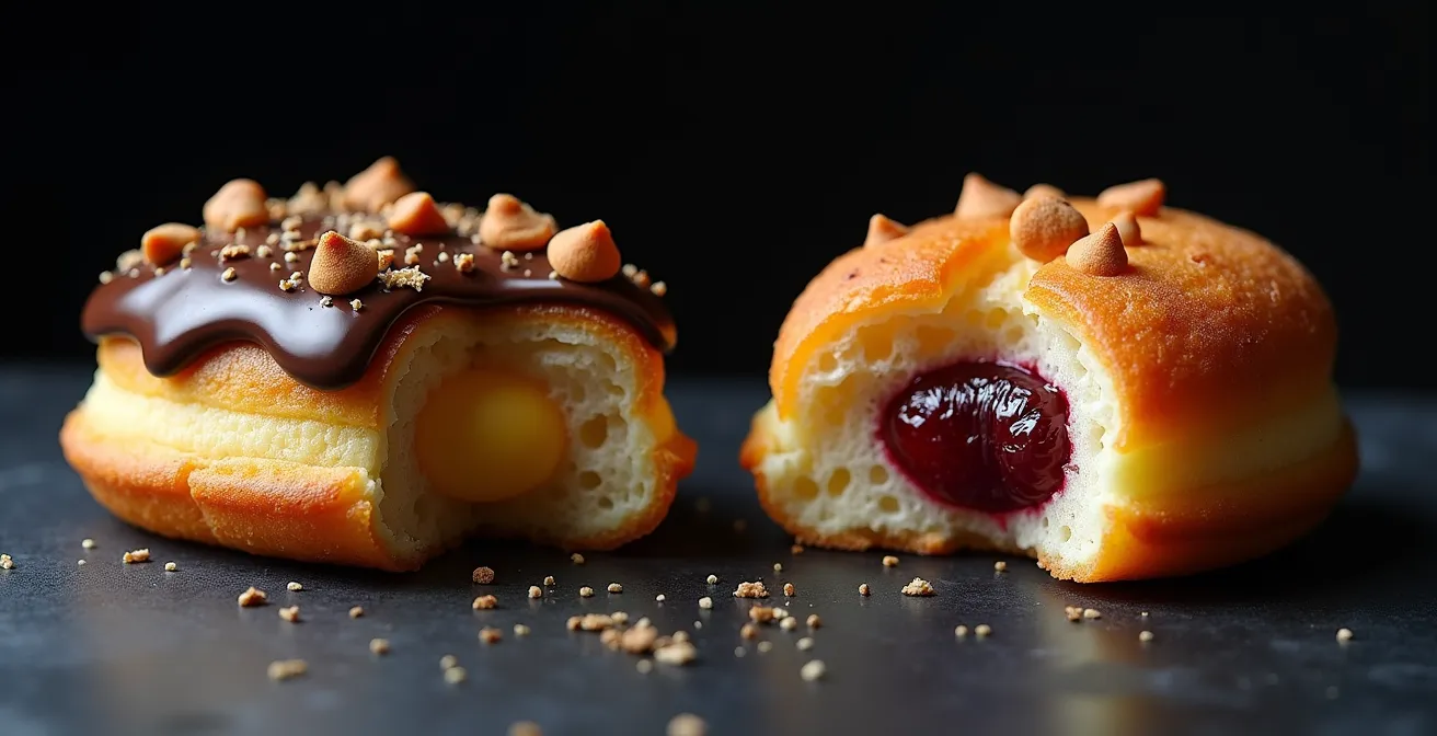 Cross-section view showing moisture migration in chocolate with dried fruit