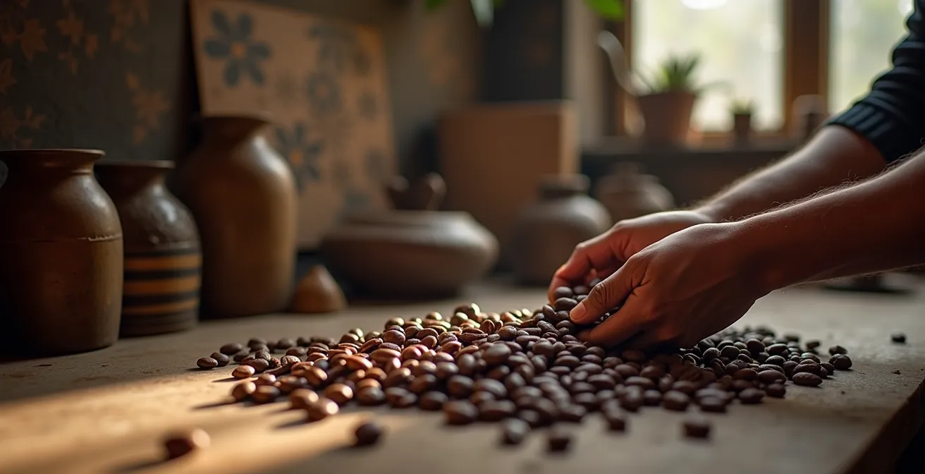 Professional chocolatier examining cocoa beans with certification documents in soft focus