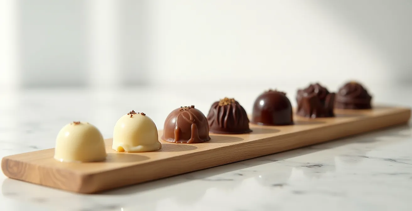 Chocolates arranged in a gradient from white to dark on a minimalist wooden tray