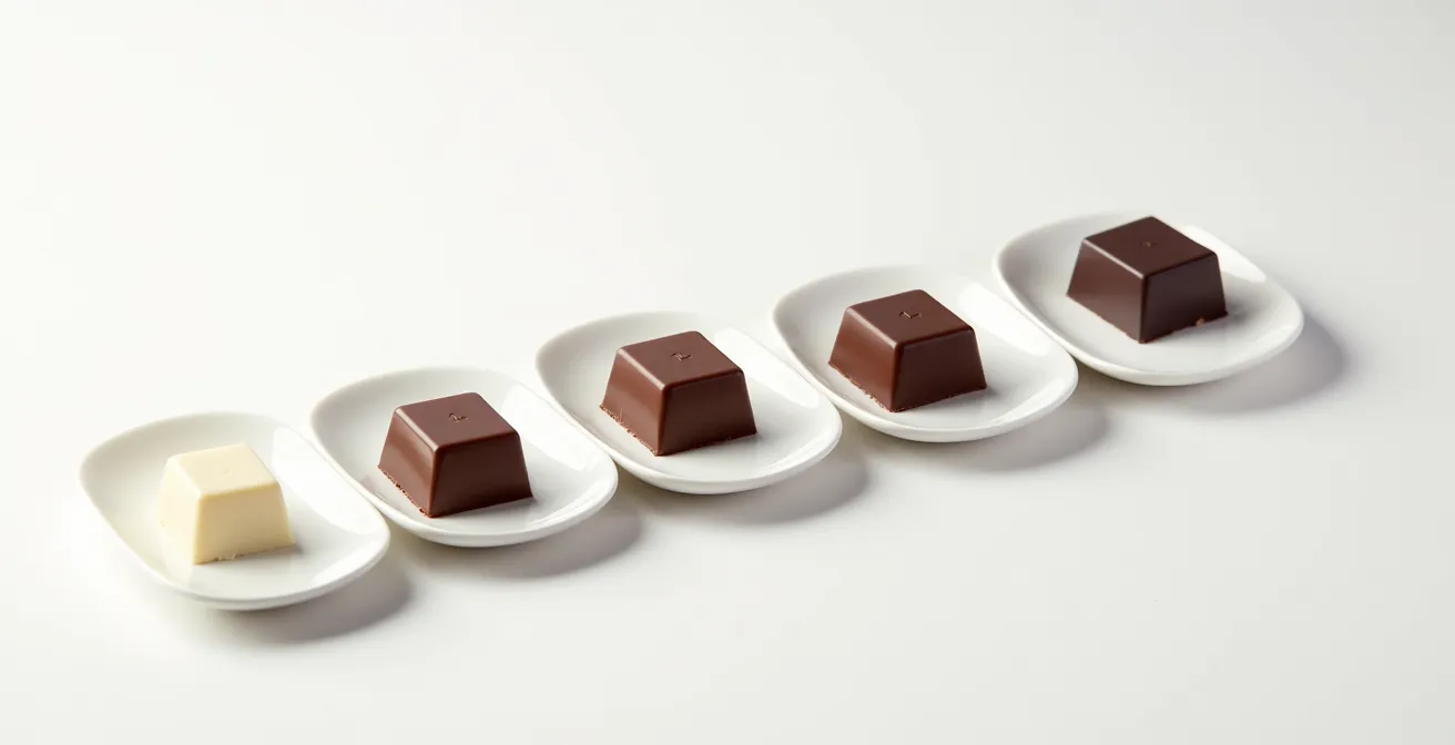 Five chocolate squares arranged in gradient from light to dark on minimalist white ceramic plates