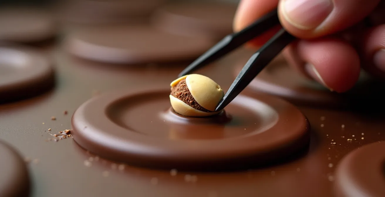 Close-up of chocolate disc at perfect viscosity stage for topping placement