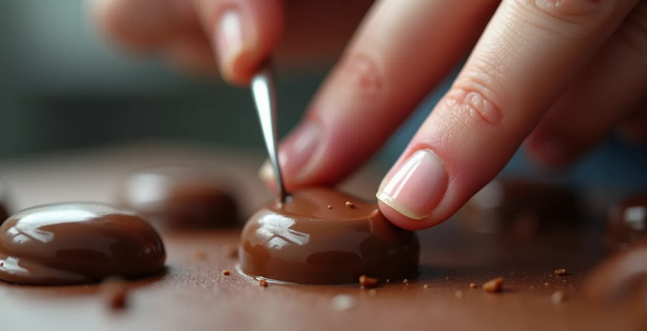 Hands demonstrating the three-finger truffle rolling technique with chilled ganache