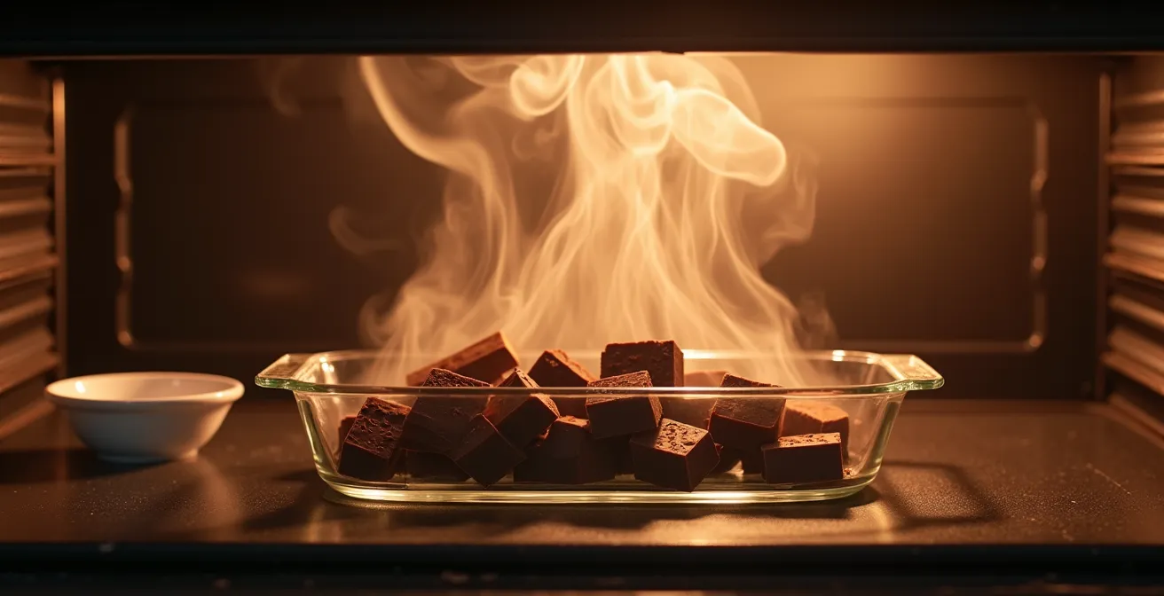 Cross-section view of chocolate in baking environment showing vapor pressure dynamics