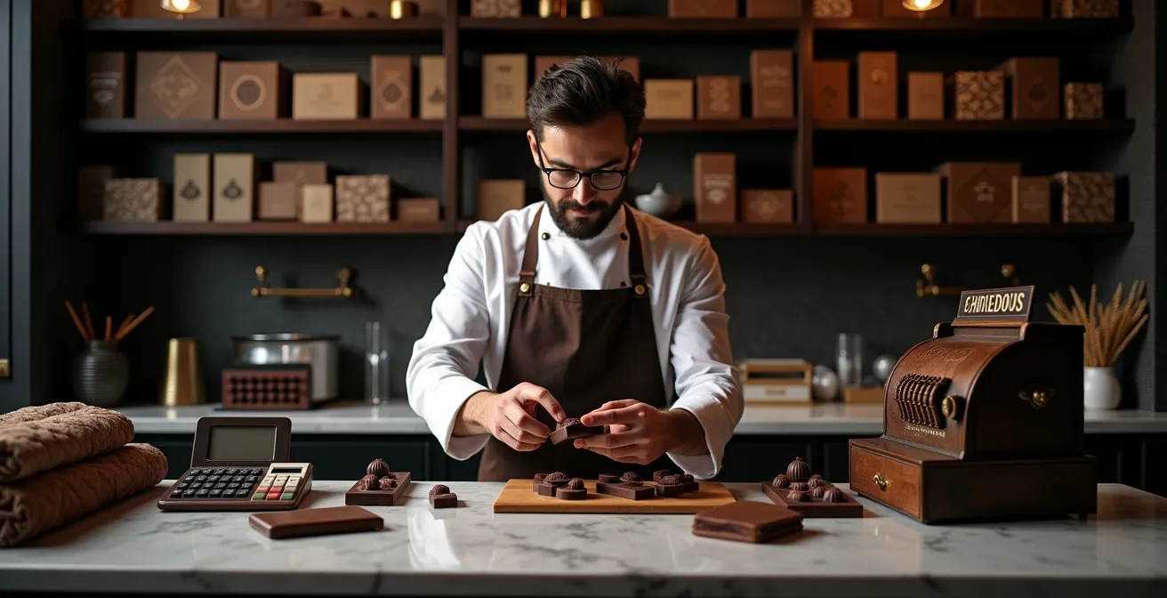 Chocolatier examining financial documents and chocolate samples at marble counter in boutique setting