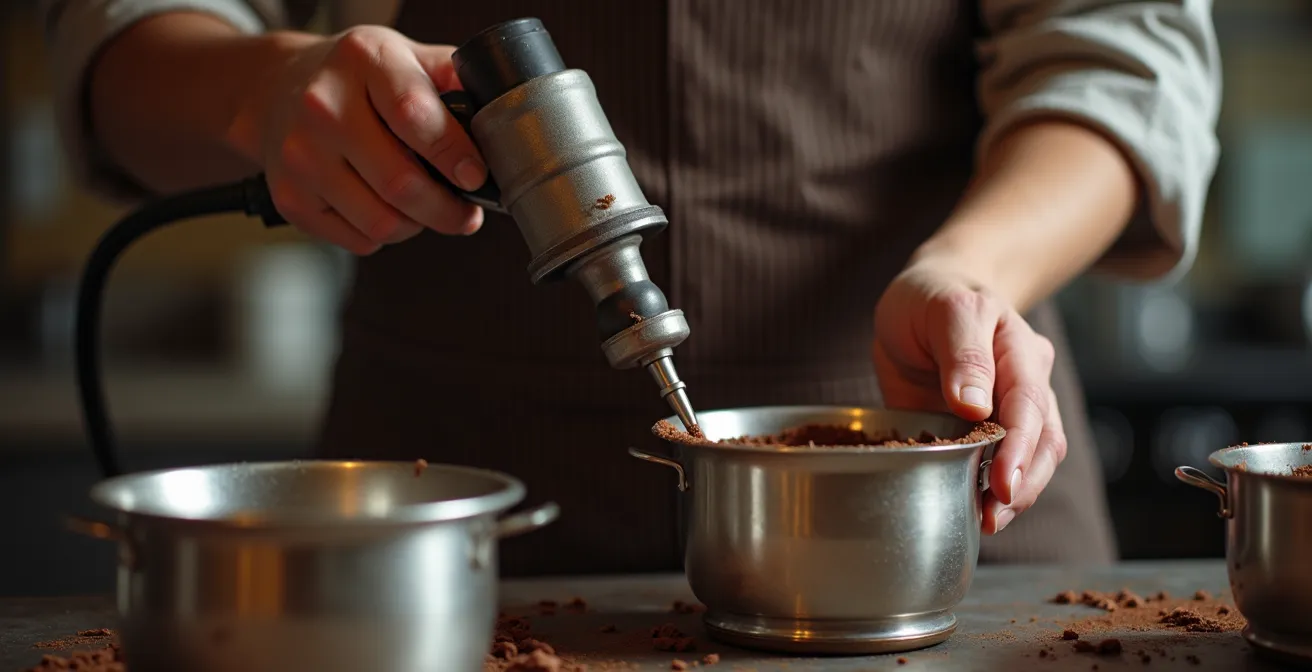 A professional chocolatier carefully using the heat gun technique on a chocolate bowl