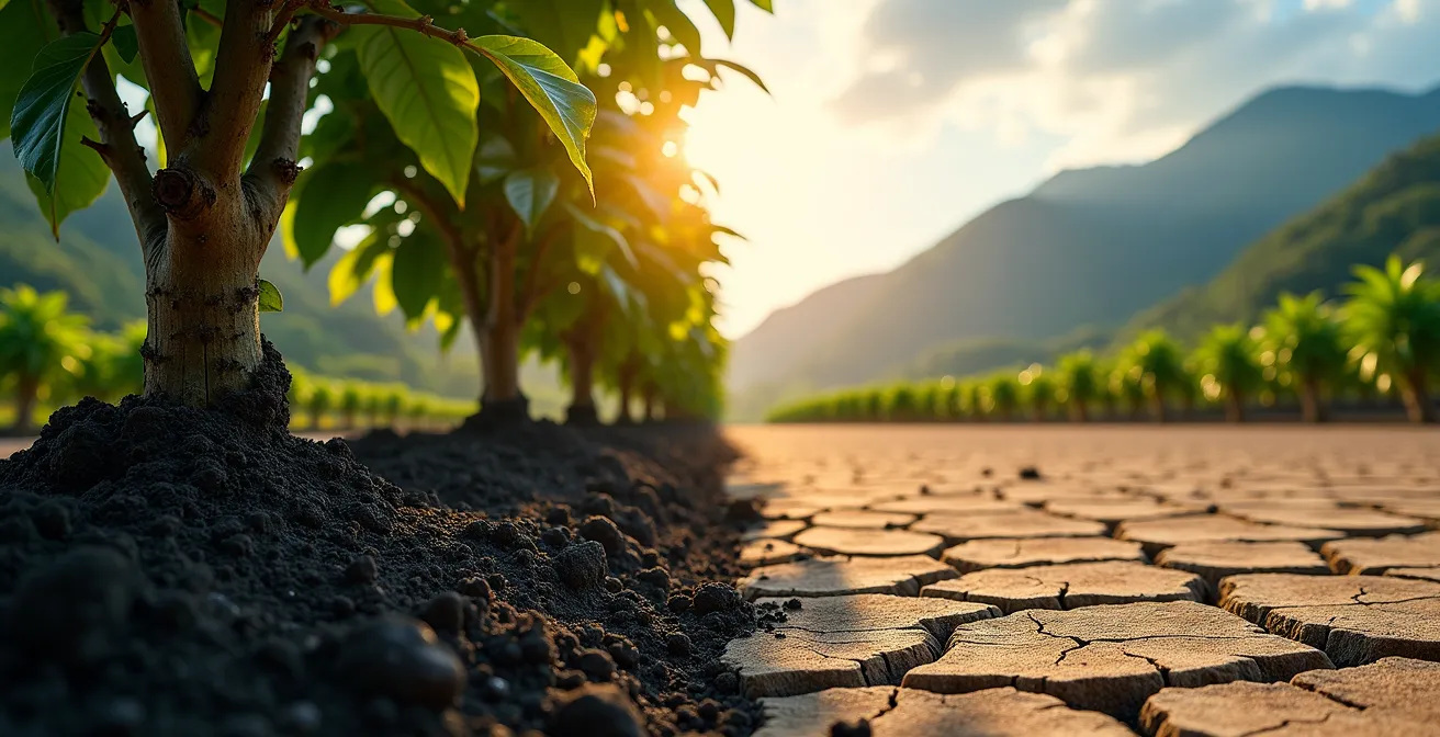 Split-screen comparison showing thriving volcanic cocoa plantation versus climate-stressed plantation