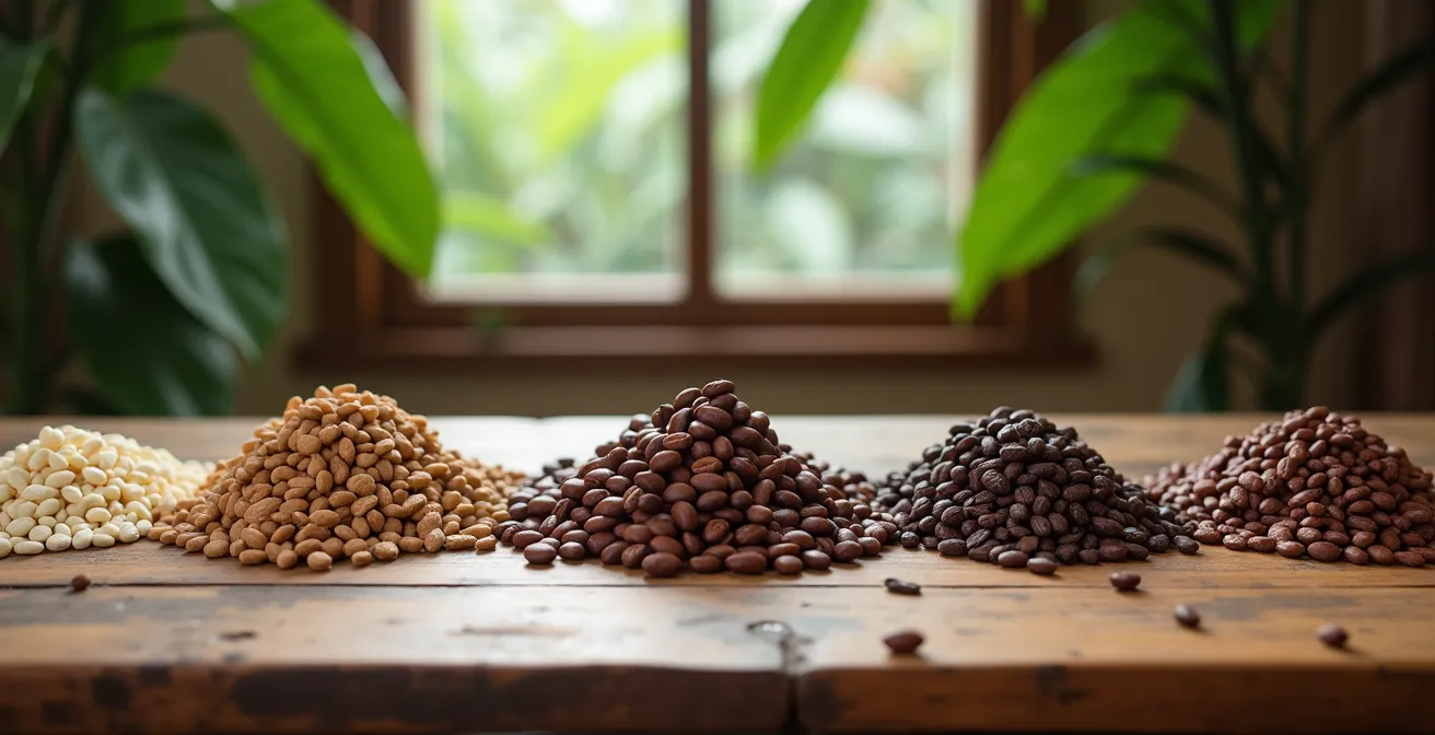Wide shot of cocoa beans in various stages of processing from raw to fermented