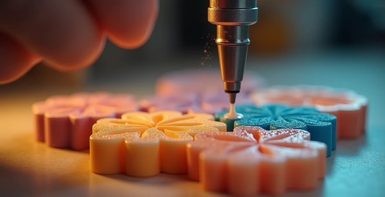 Macro shot of colored cocoa butter being applied to chocolate mold