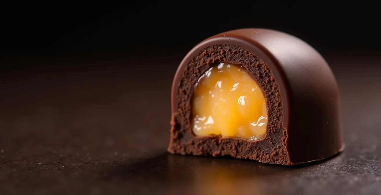 Cross-section view of a chocolate bonbon shell showing the thin, protective cocoa butter barrier layer between the outer shell and the filling.