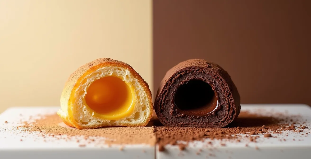 Cross-section comparison of regular and cocoa choux shells showing texture differences