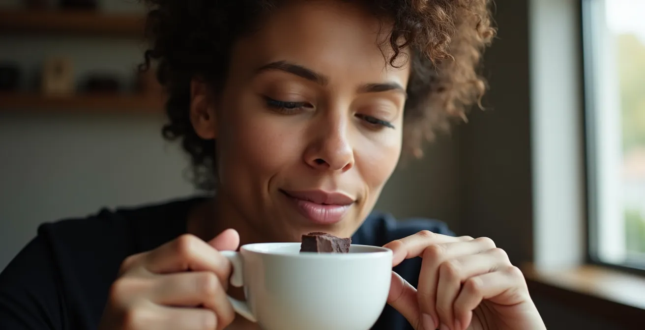 Person experiencing coffee and chocolate pairing with eyes closed in contemplation