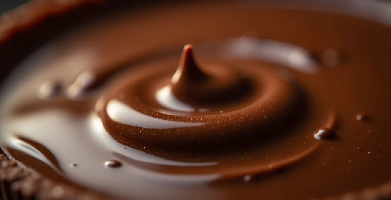 Extreme close-up of chocolate ganache surface with coffee oil droplets