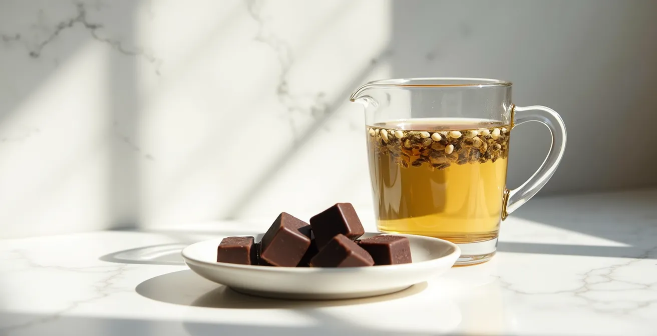 Wide shot of cold brew tea setup with white tea and dark chocolate in serene minimalist setting