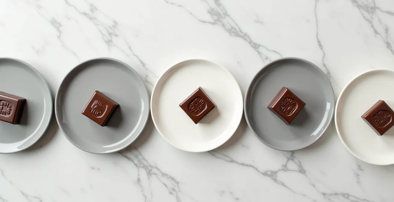 Overhead view of chocolate pieces arranged on white and grey plates to show a color-coded serving system for dietary needs
