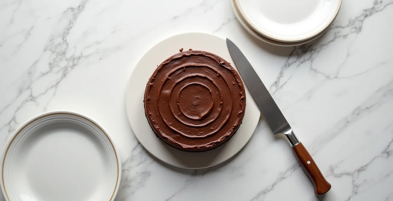 Top view of round chocolate cake showing concentric circle cutting technique