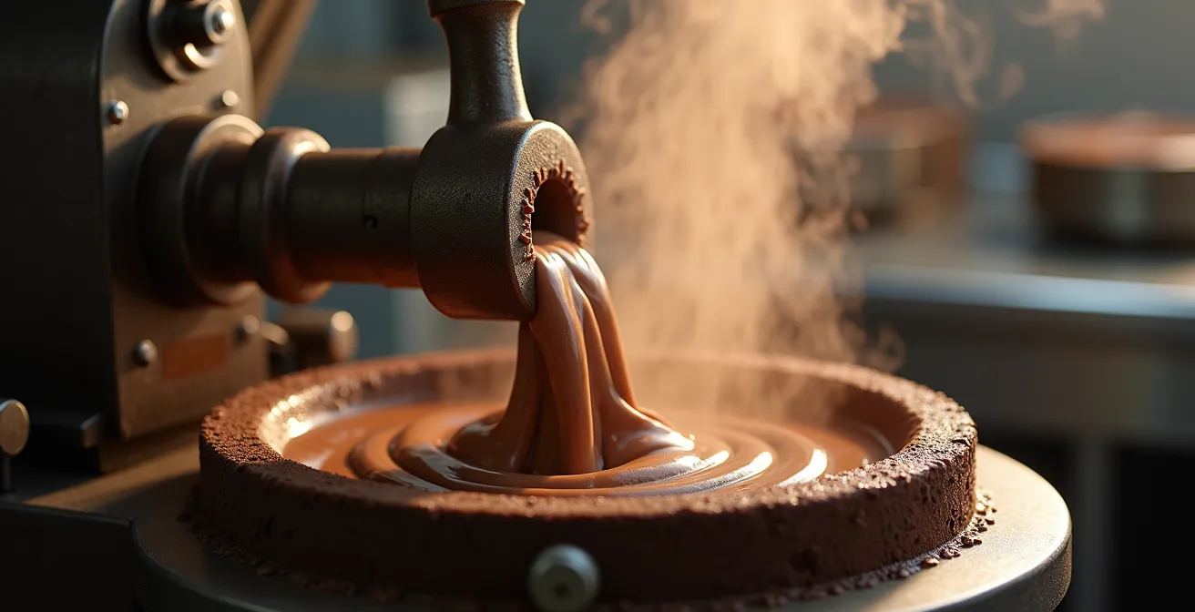 Chocolate conching machine with caramel-colored vapor rising