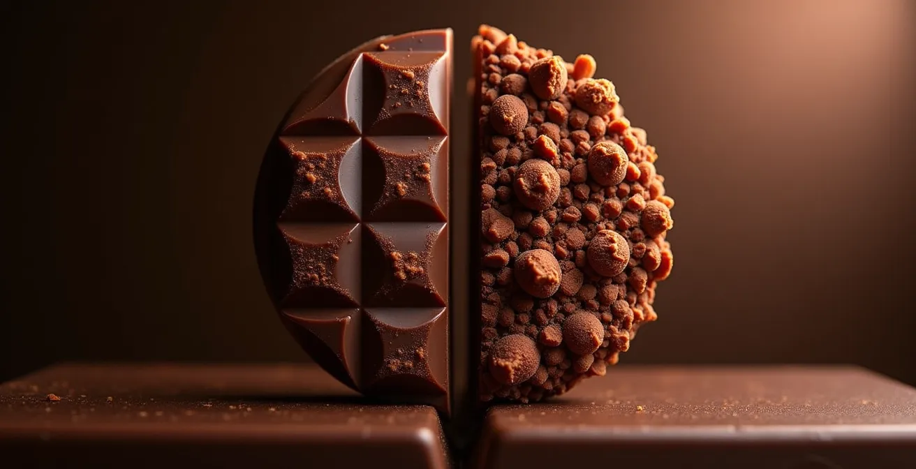 Microscopic view comparing cocoa butter crystal formations in couverture versus supermarket chocolate