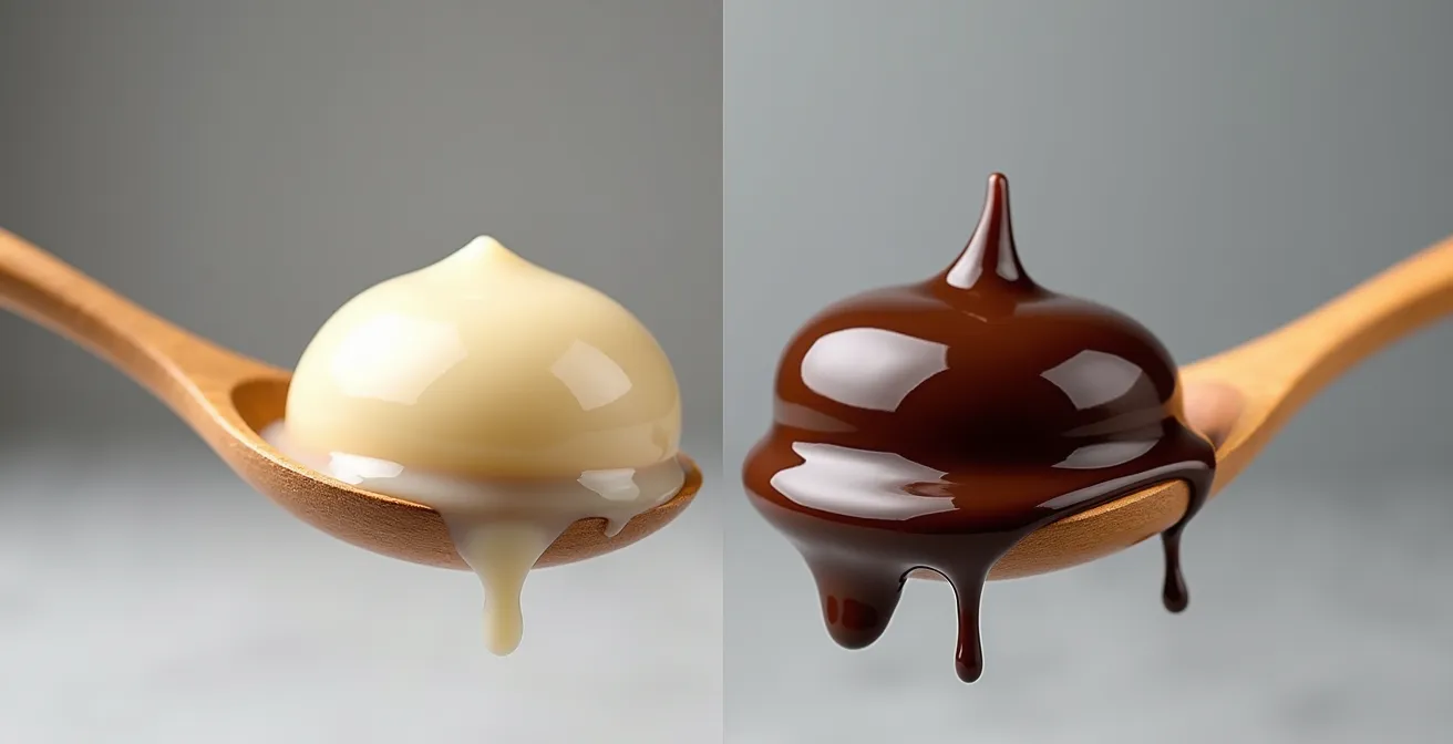 Split view comparing cream-based and water-based chocolate ganache textures