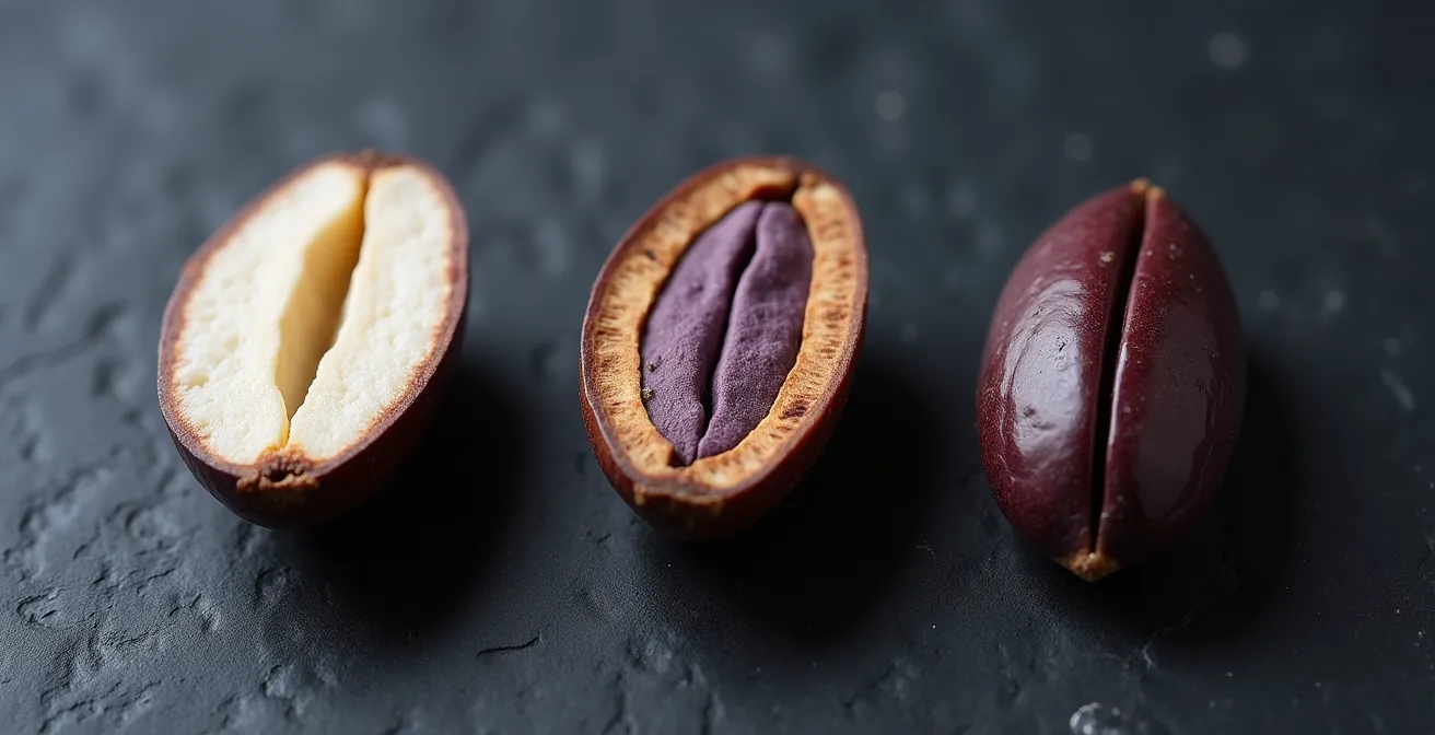 Close-up comparison of cut cacao beans showing white Criollo interior versus purple Forastero