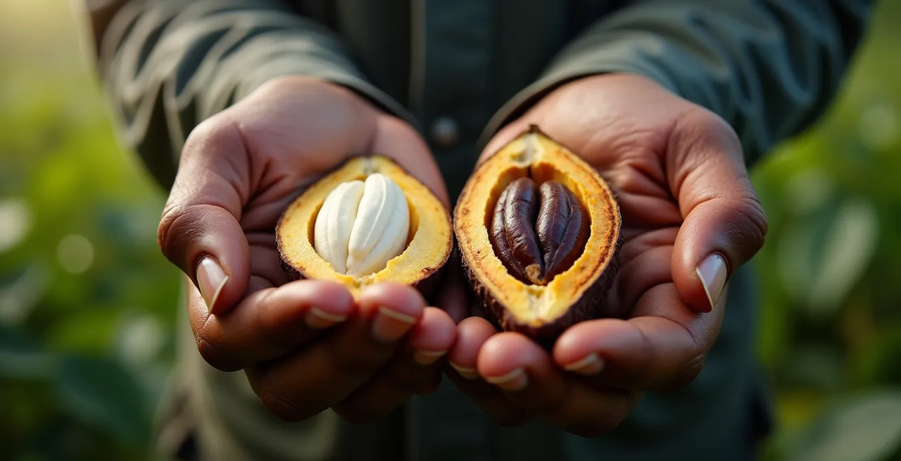 Side-by-side macro comparison of Criollo and Forastero cocoa beans showing pulp differences