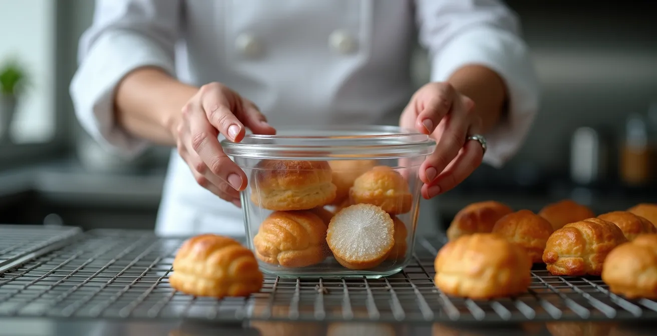 A professional's hands carefully placing perfectly baked éclair shells into an airtight container with silica gel desiccant packets for optimal crispness.