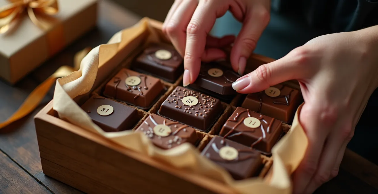 Aerial view of various chocolate bars being carefully arranged in an elegant gift box