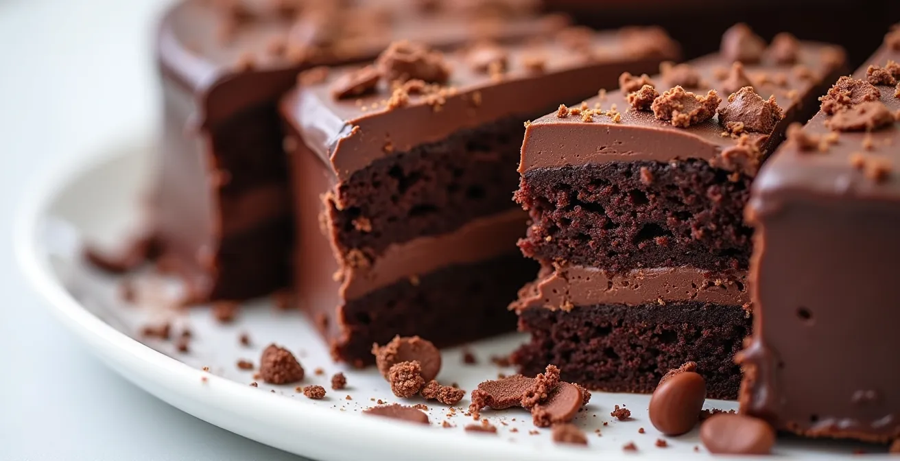 A deconstructed presentation of cake layers with complementary elements artfully arranged