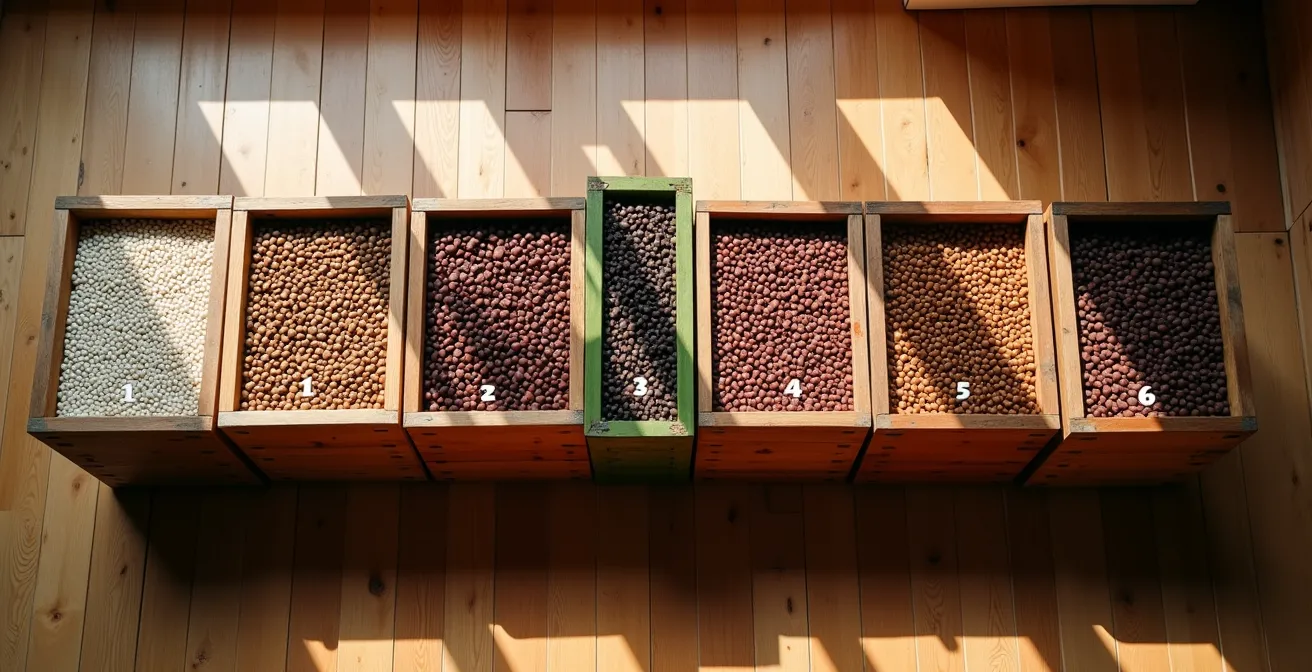 Cross-section view of fermenting cocoa beans showing color changes over 6 days